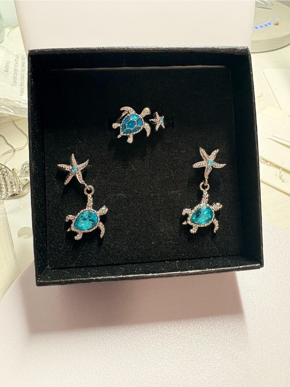 Blue Turtle Drop Earrings and Ring Set - Women Jewelry